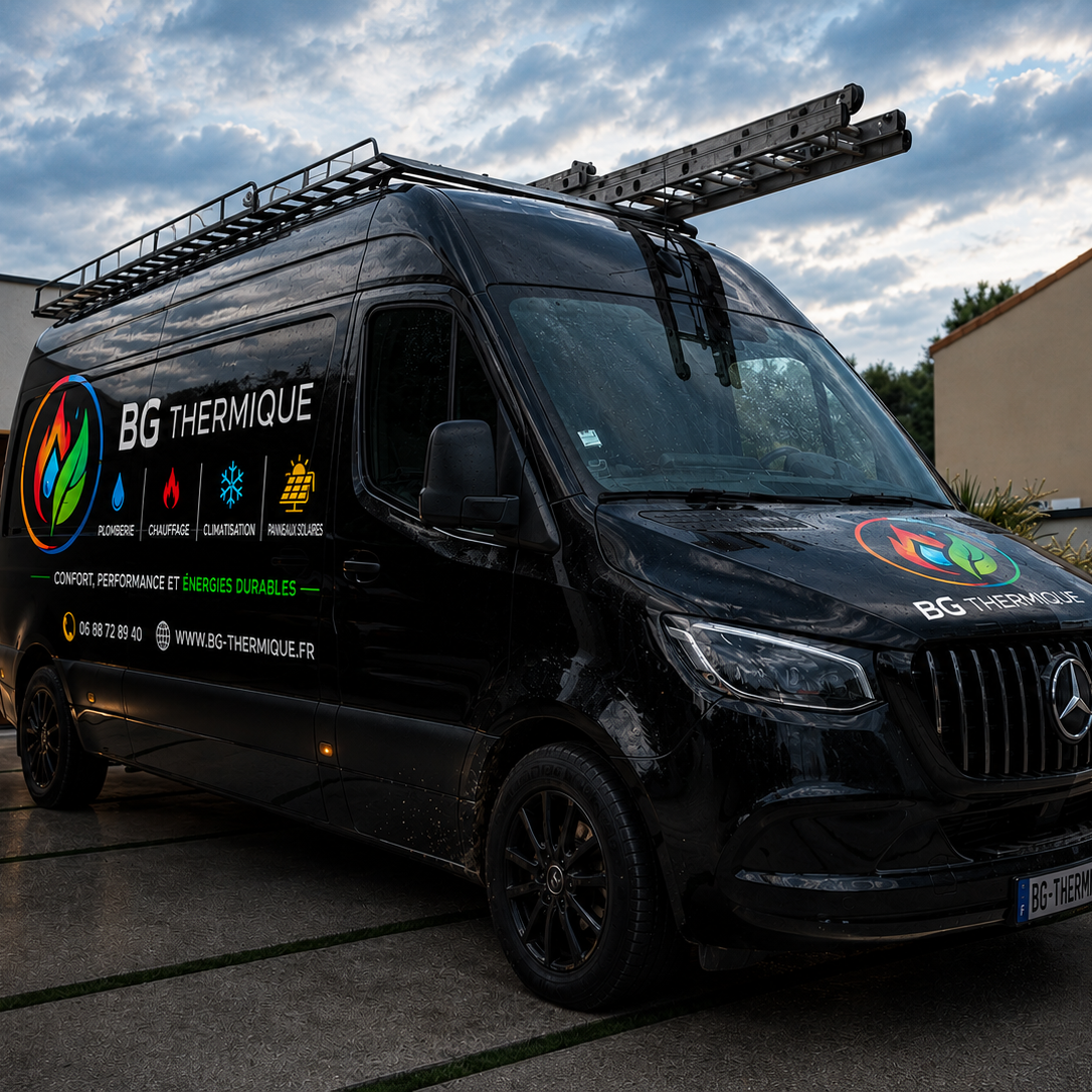 Fourgon noir Mercedes-Benz garé sur une allée, avec un toit équipé de barres de toit.